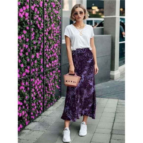 Womens Leopard Print Skirt Midi Long Length Silk Satin High Waist Elastic Skirts - Picture 5 of 6